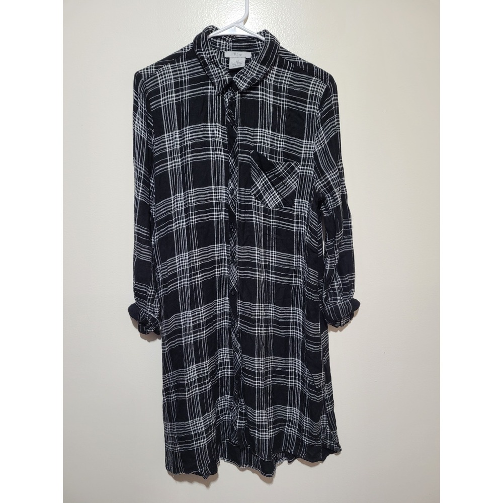 BLL nyc Shirt Dress Women Large Black White Plaid Rayon Button Down